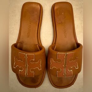 Tory Burch size 9 double T sport slide Napa leather aged camello/gold